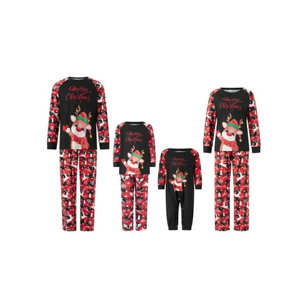 

Family Matching Christmas Pajamas Sets Baby Romper/Elk Letter Print Tops + Christmas Tree Snowflake Deer Plaid Print Pants Set