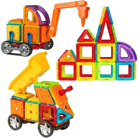 Magnetic Building - Best Choice Products 162-Piece Kids Educational STEM Magnetic Building Block Tiles Toy Set for Color/Shape Recognition, Motor Development w/ Excavator Dump Truck - Multicolor