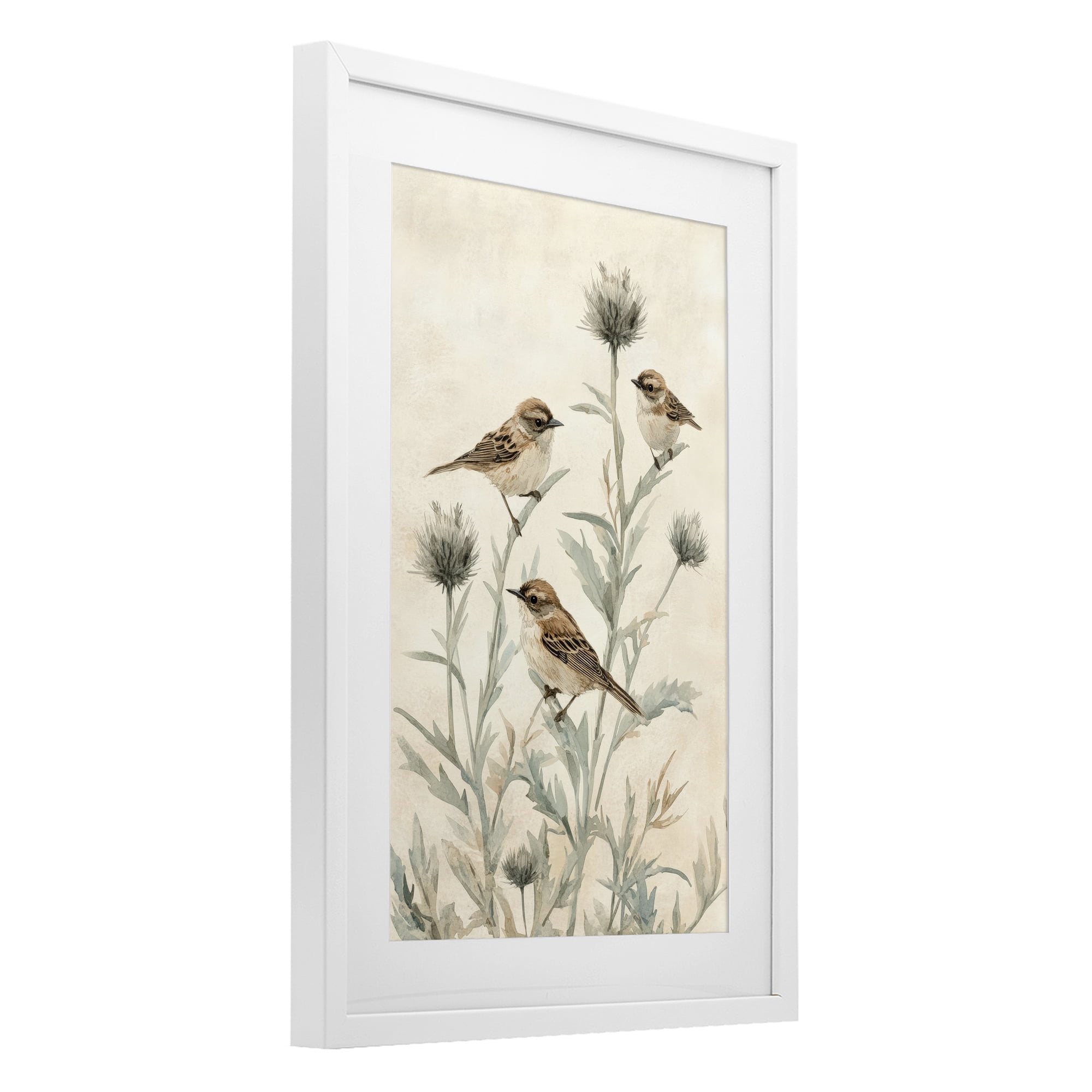 Stupell Industries Sparrows on Thistle Stems White Framed Print Under Glass, design by Petal Prints Design