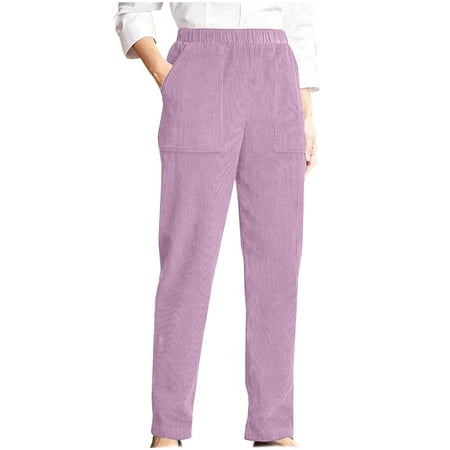 FNFYFH Corduroy Pants for Women Elastic High Waist Pull On Straight Leg Slacks Casual Fall Trousers with Pockets