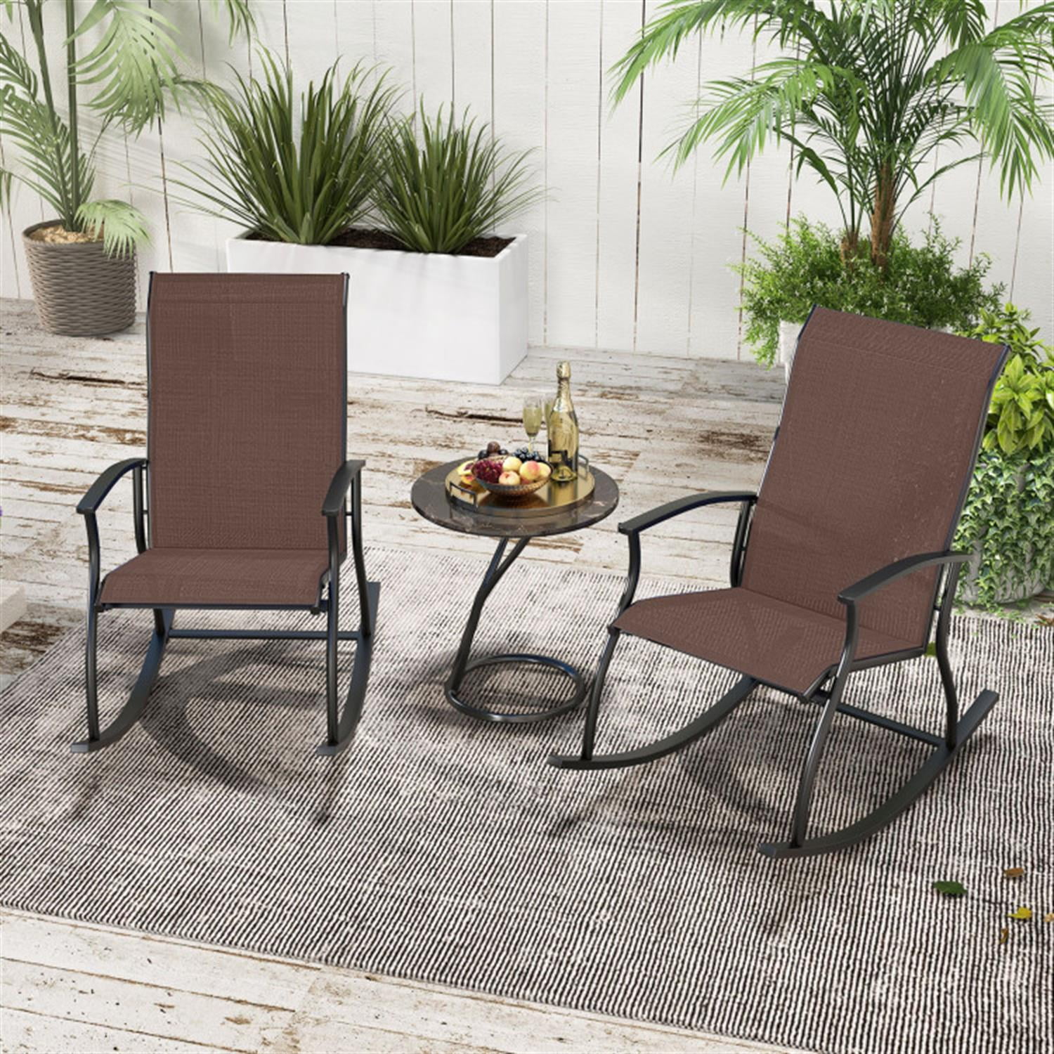 Demi Bonn 2 Pieces Outdoor Rocking Chairs with Breathable Backrest, Patio Accent Furniture Lounge Chairs for Yard, Garden, Brown