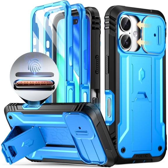 POETIC for iPhone 17 Case with Camera Control Capture Button, [Slide Camera Cover] [Built-in Stand] [Built-in Screen Protector] Full-Body Military Grade Rugged Phone Case for iPhone 17, Light Blue