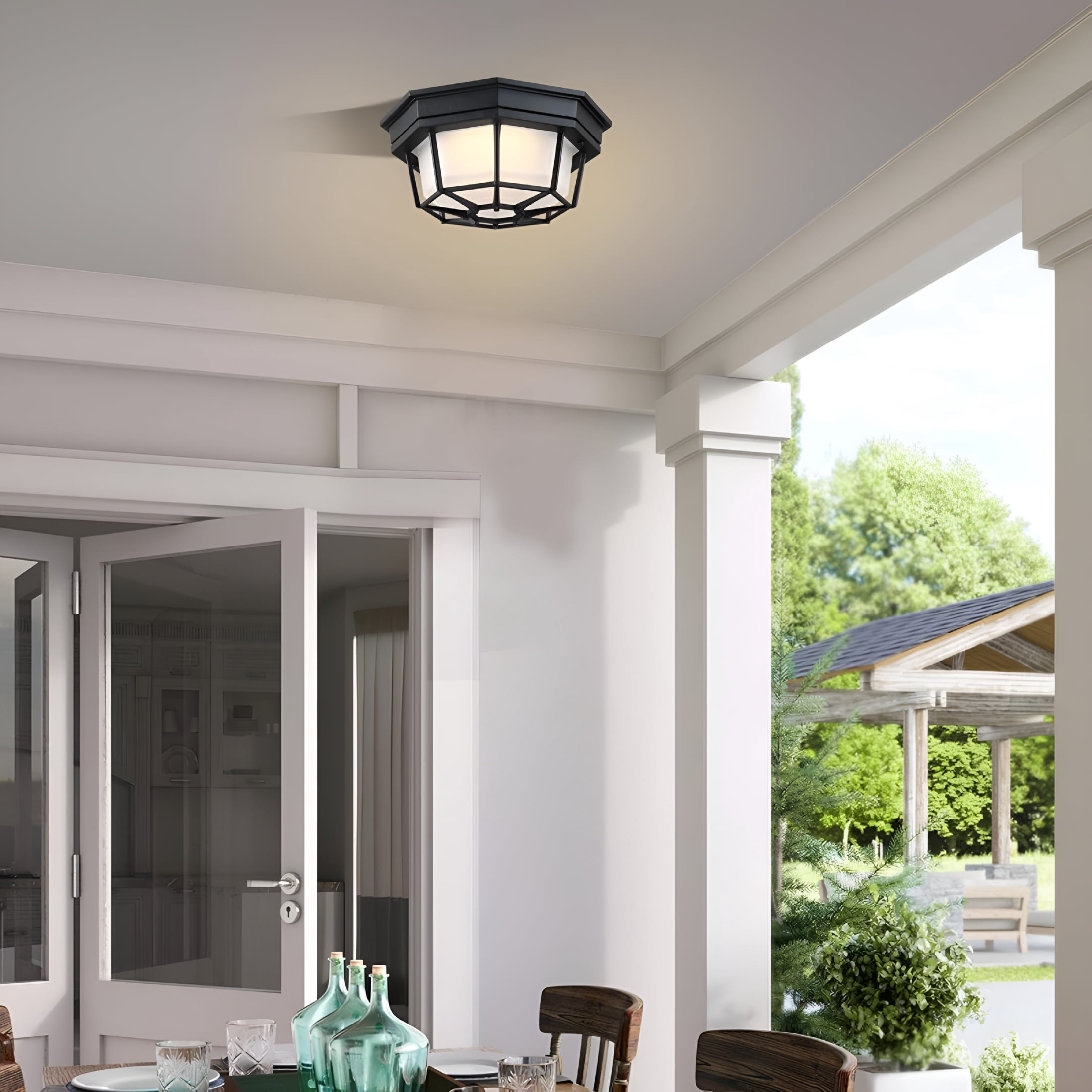 HIBIBUD 8.5” Black Flush Mount Led Ceiling Light 2700K 3000K 3500K 4000K 5000K Octagonal Outdoor Porch Lights Outside Ceiling Light for Patio,Aluminum Alloy and Glass,14W,120V,750Lm-1000Lm