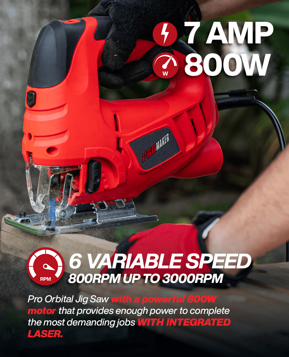 Jigsaw with 6 variable speed, 7 Amp 800W, Laser guide, Adjustable blade bevel cutting 0-45º degree, Corded Jig saw, Cutting depth: 100m for wood and 10mm for metal. 800-3000SPM, Promaker PRO-SC800