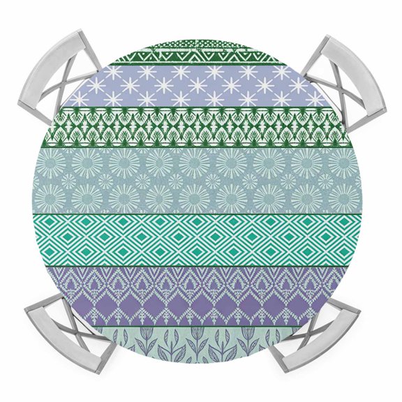 Elastic Fitted Round Tablecloth, Purple Green Boho Waterproof Stretch Table Cover for 36"-44" Tables, Vintage Ethnic Tribe Abstract Art Washable Outdoor Tablecloths for Patio, Picnic, Camping
