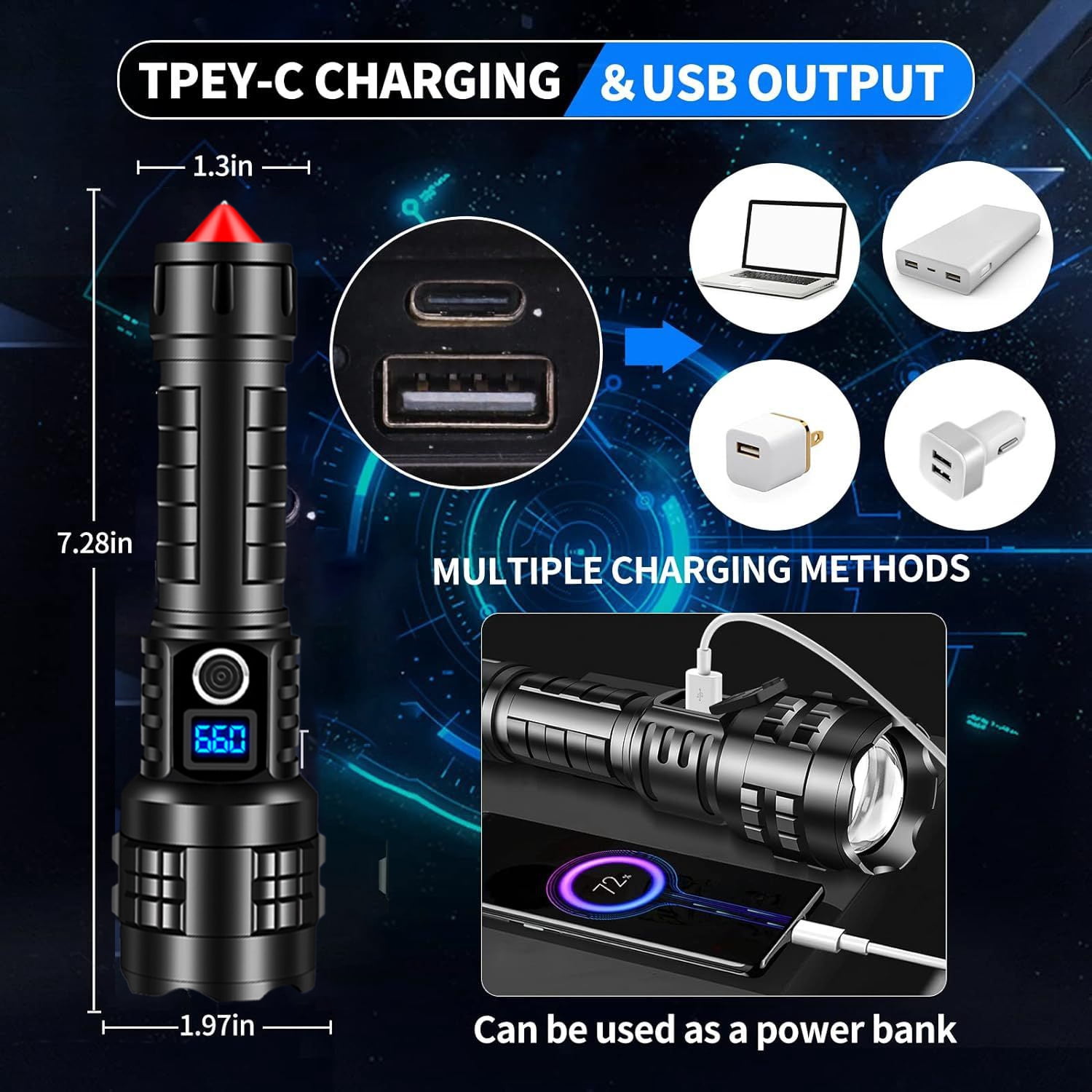 Rechargeable Flashlights High Lumens 990000 Lumens Laser Tactical Flashlights , 5 Modes Powerful Handheld Hunting Flashlight for Emergency Hiking Battle（Carry a safety hammer）