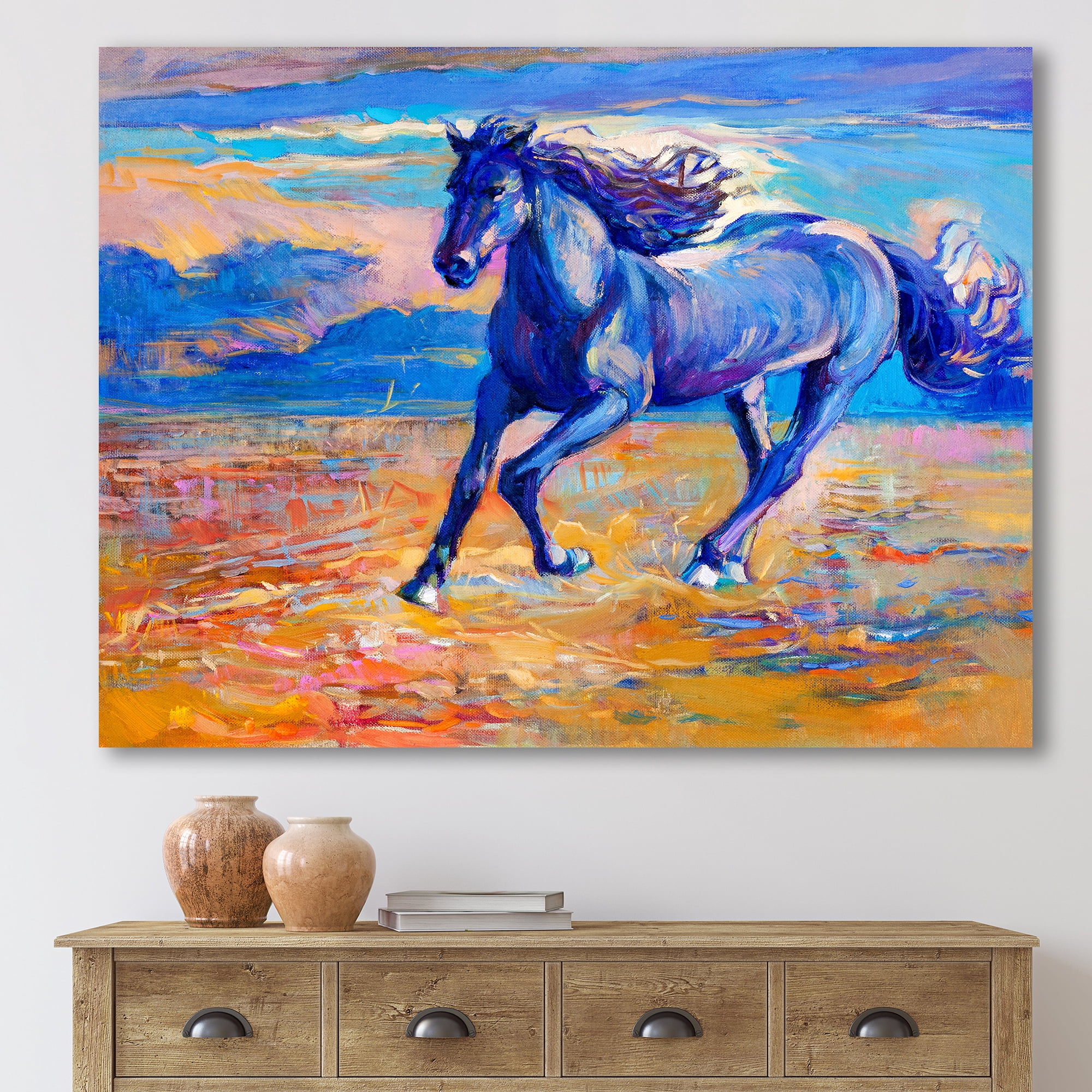 Designart ' Abstract Blue Horse Galoping Over The Prairie ' Farmhouse Canvas Wall Art Print