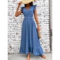 thumbnail image 4 of Blue Casual Wrap Waist-Cinched Women Maxi Dress With Ruffle Sleeves And Hem, 4 of 7