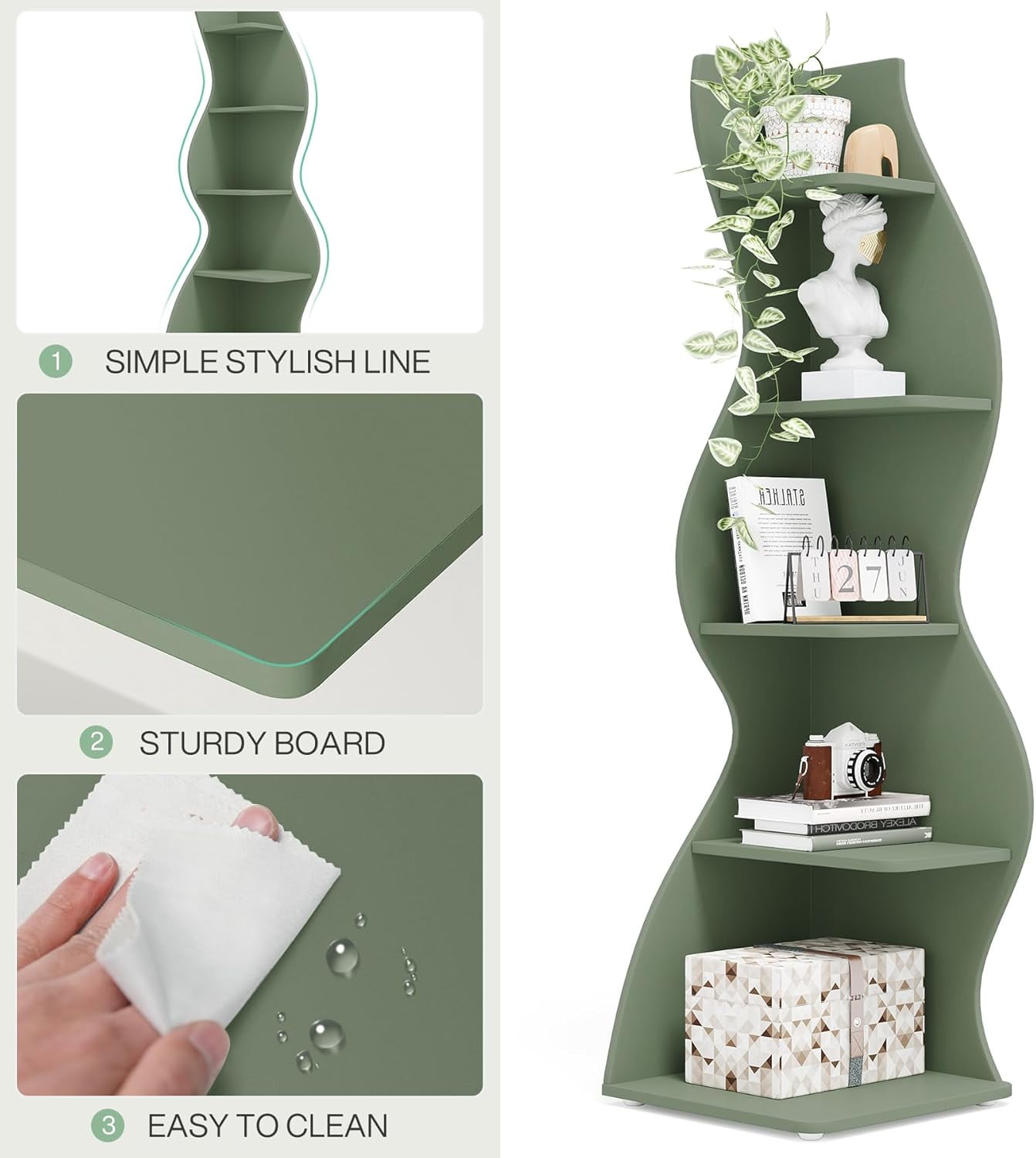 Tribesigns Corner Shelf, 5-Tier Modern Corner Bookshelf Bookcase Plant Stand for Living Room, Home Office (Sage Green)