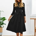 thumbnail image 5 of WTOBBY Women's Solid Color Belted Round Neck 3/4 Sleeve Dress, Minimalist Midi Sundress with Casual Elegance for Everyday Wear,Black XL, 5 of 5