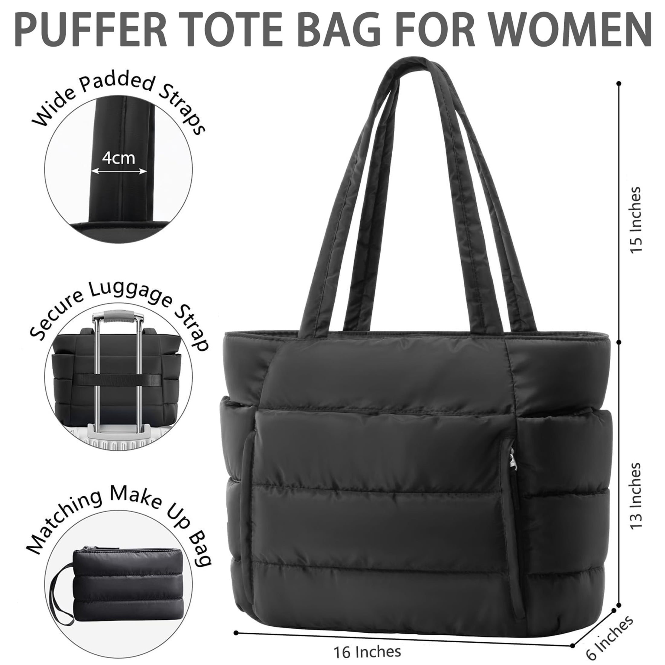 Puffer Tote Bag for Women, Large Capacity Lightweight Quilted Shoulder Bag, Waterproof Handbag for Work, Travel, Gym, Black