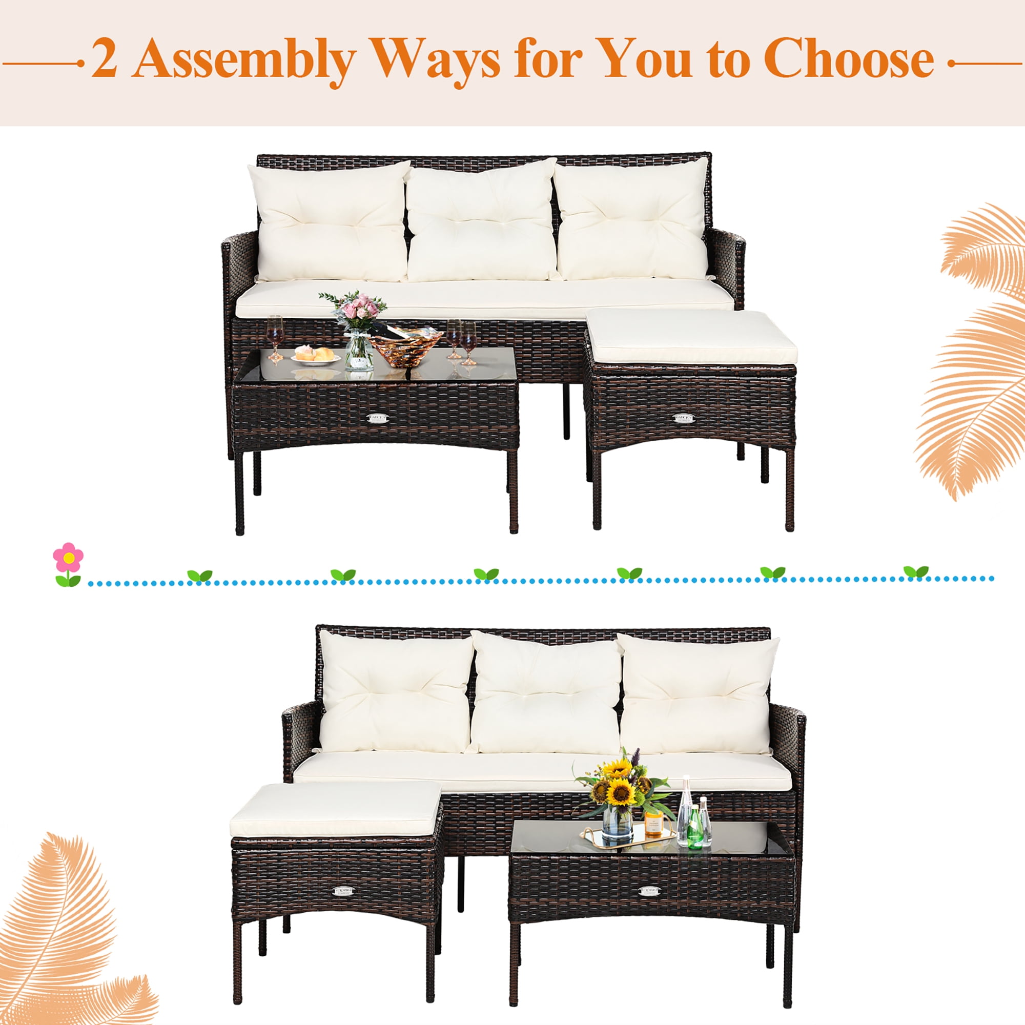 Costway 3PCS Patio Rattan Furniture Set 3-Seat Sofa Cushioned Table Garden