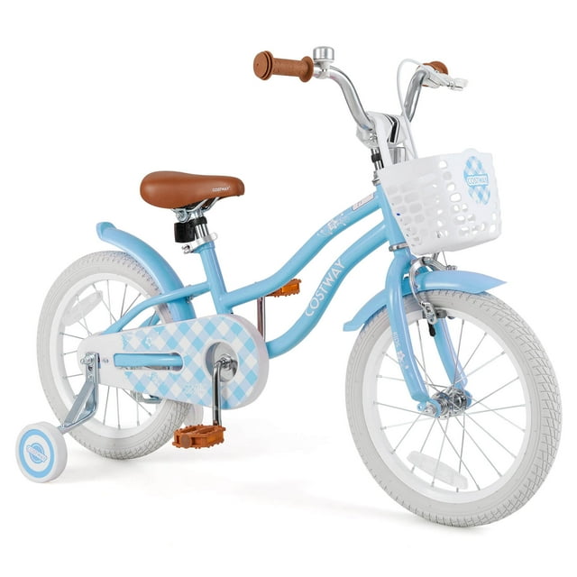 Costway Vélo pour Enfants 16 Pouces Bicyclette Ajustable pour Tout-Petit avec Roues Stabilisatrices pour Fille de 4 à 7 Ans Bleu