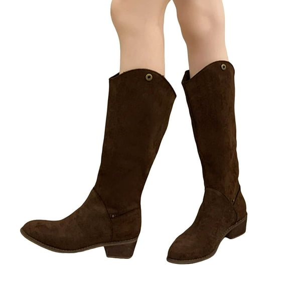 Womens Suede Knee High Western Cowboy Boots Pointed Toe Fold Over Boots Chunky Low Heel Slip On Fall Booties Brown Size 7.5