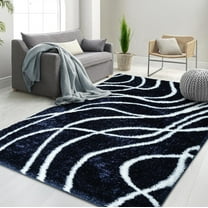 HR Plush Cobalt and White Wave-Patterned Shag Rug, 1-Inch-Thick Soft High Pile, Stain-Resistant Carpet for Living Room