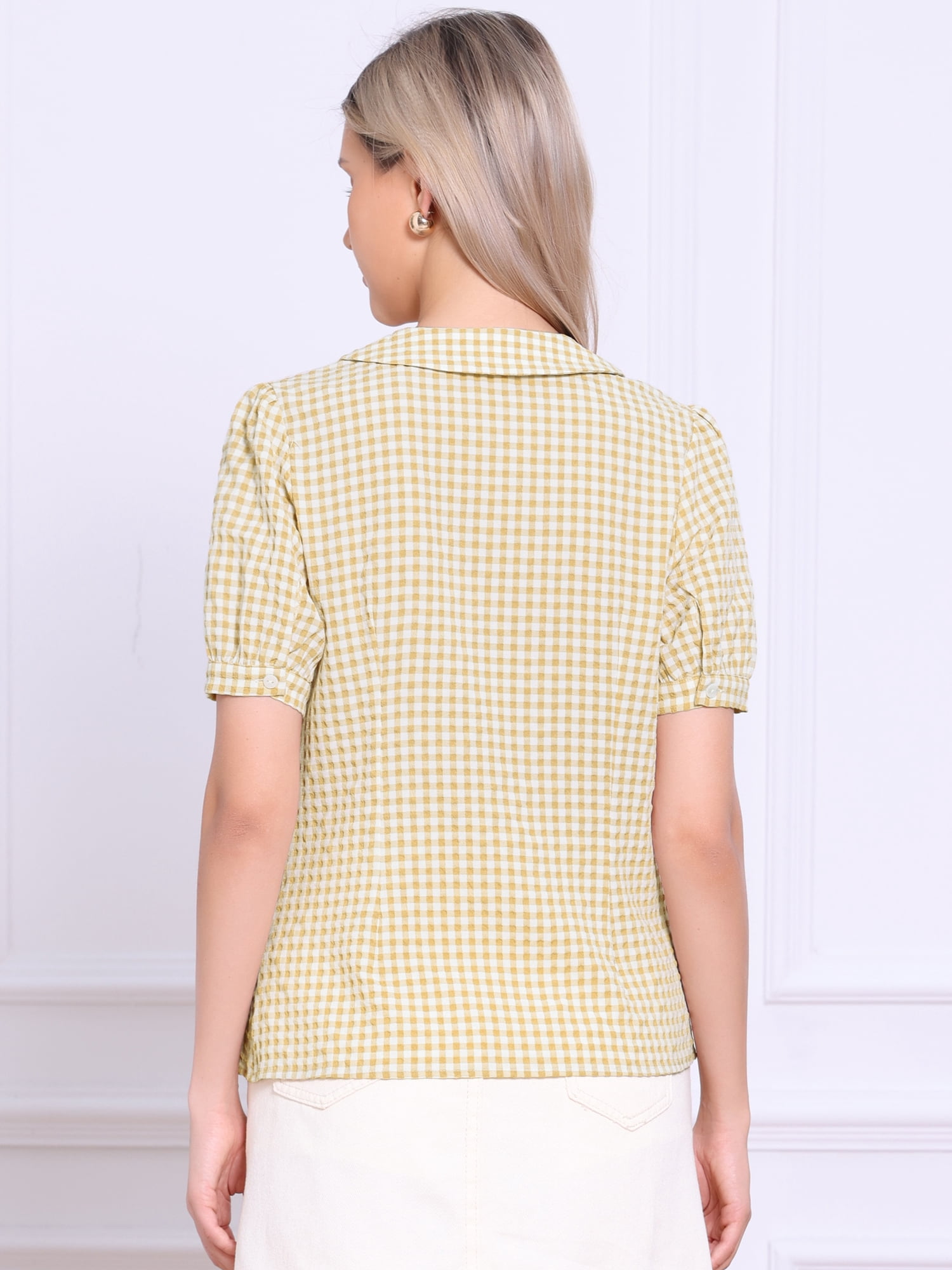 DARING DIVA Women's Peter Pan Collar Plaid Shirt Puff Short Sleeve Blouse XL Apricot
