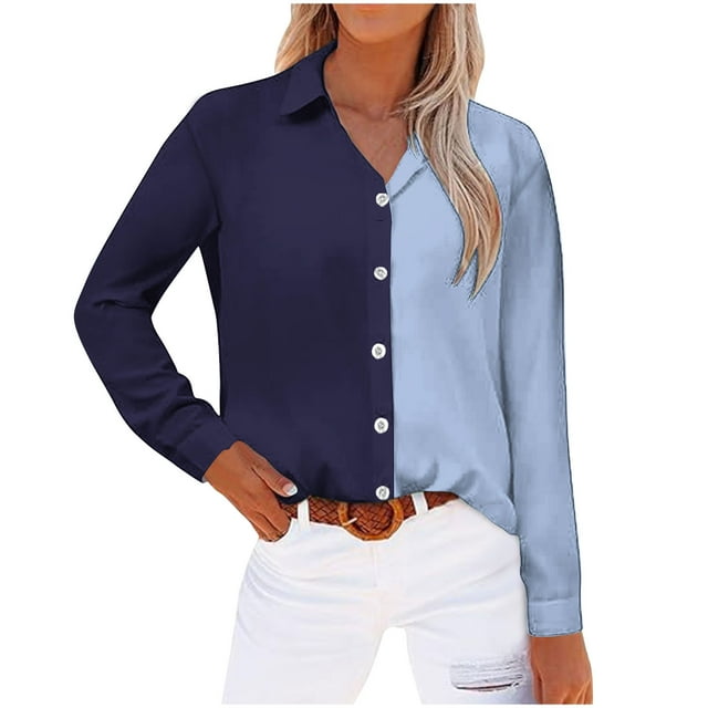 cfhntfmh Womens Color Block Shirts Soft Collared Long Sleeve Loose Buttons down Blouses Casual Fall Tunic Tops