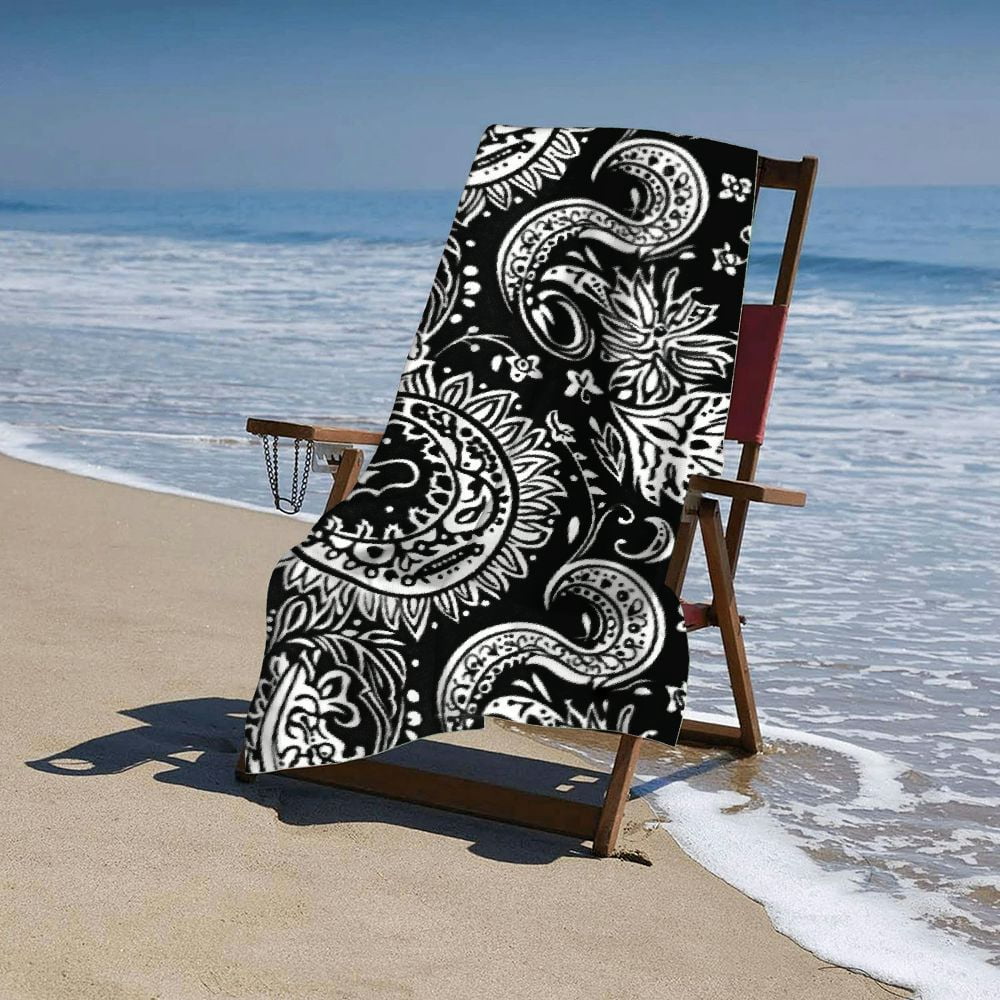 PHYHOO Black and White Indian Paisley Patterns Beach Towel, Sand Free Microfiber Beach Blanket, Quick Dry Absorbent Bath Towels for Swimming Pool, Camping, Picnic, Yoga Gym Sports 30x60in