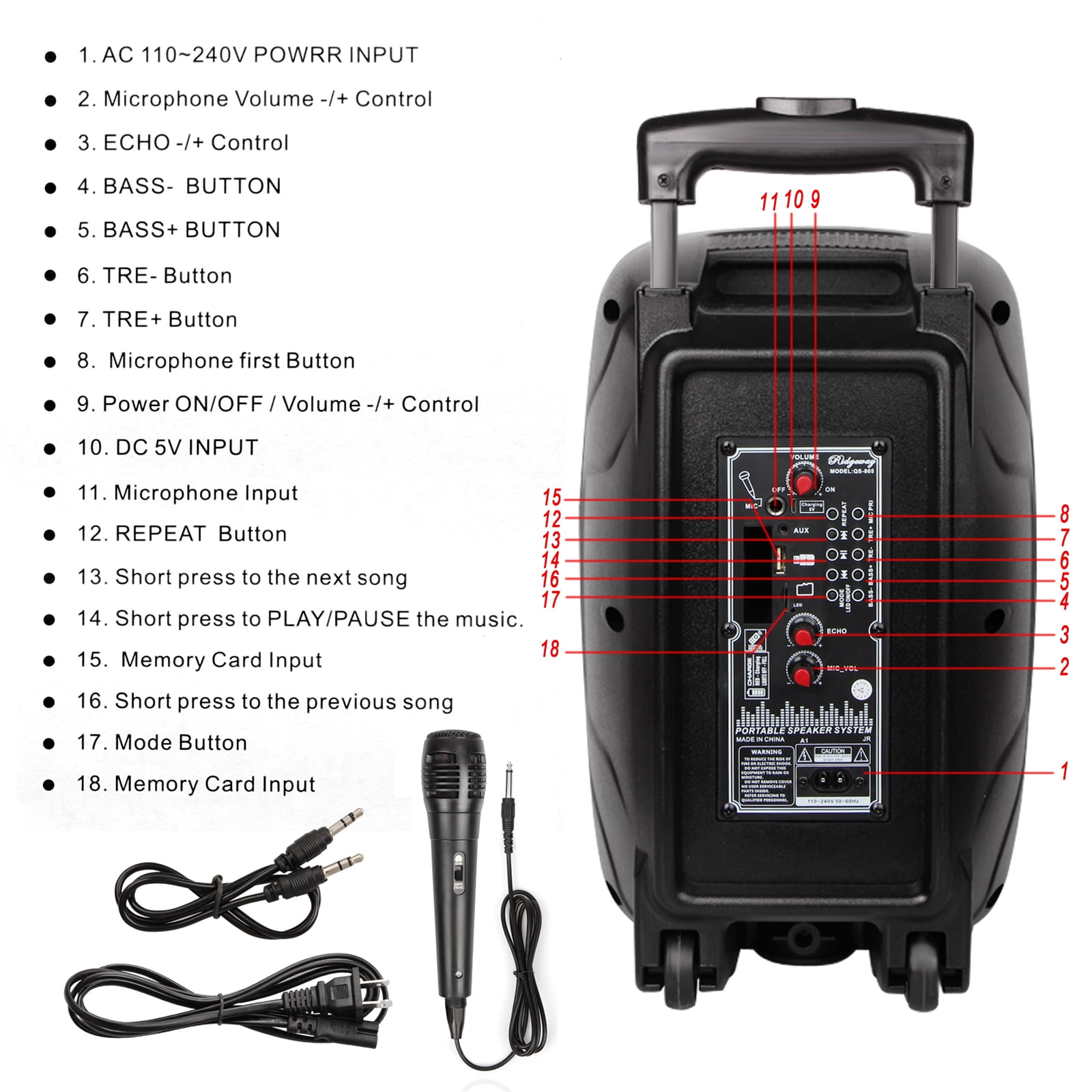 Dazone Portable Bluetooth Loud Speaker, 8-Inch Woofer, Rechargeable PA System Trolley Speaker with Remote, Microphone, LED Light, FM, AUX, Black