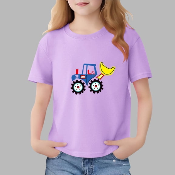 Spazoro Girls T-Shirts Tee, Cute Print 100%Cotton Short Sleeve Crew Neck Casual Tops for Kids Purple Size 6