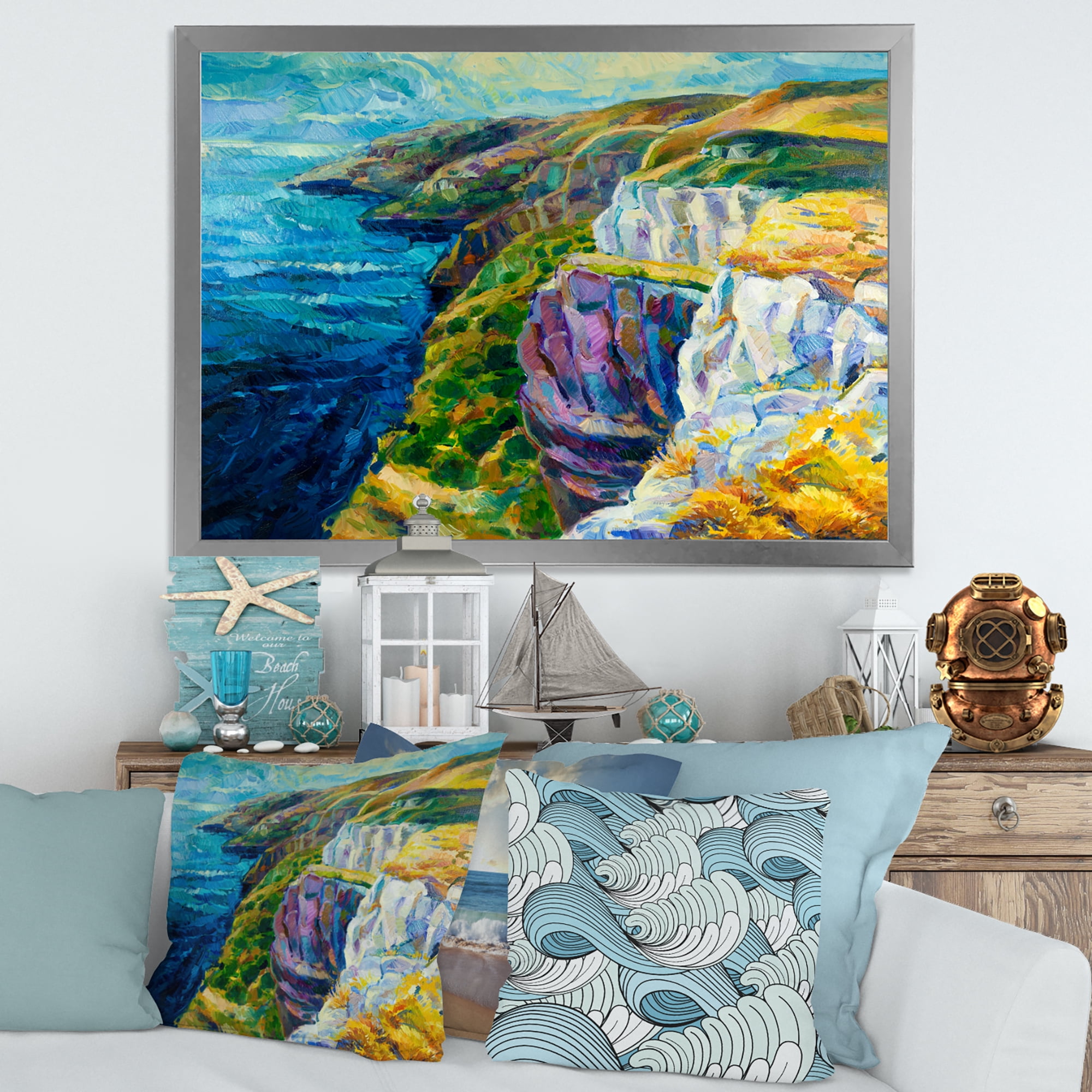 Designart 'The Blue Ocean By Rocky Cliffs II' Nautical & Coastal Framed Art Print