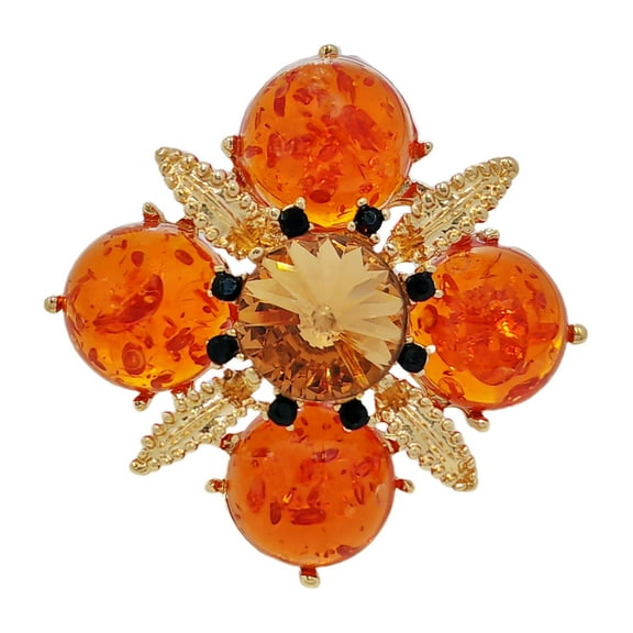 Elegant Vintage Imitate Amber Flower Brooch Orange Cross-Shaped Floral Jewelry