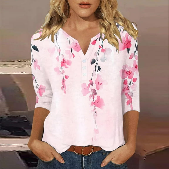 Royisotas Summer Womens Tops Plus Size Casual Floral Graphic 3/4 Sleeve Pink Womens Tshirt Fashion Loose V-Neck Shirts