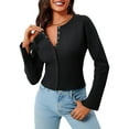 thumbnail image 3 of Womens Cropped Sweaters Button Down Long Sleeve V Neck Ribbed Knit Slim Fit Pullover Crop Tops Black M, 3 of 9