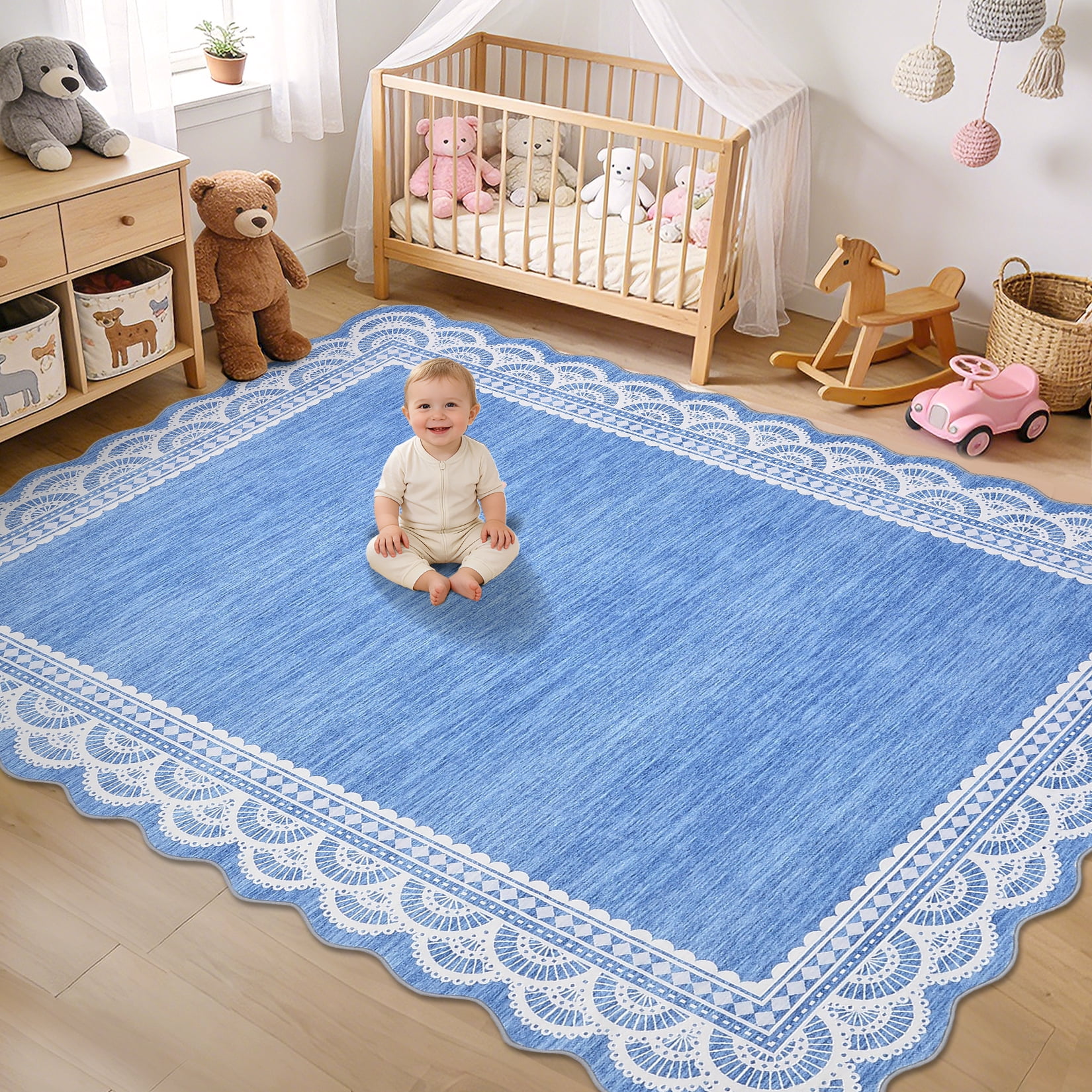Garvee 8'x10' Scalloped Area Rug Modern Lace Edge Carpet, Washable Solid Rug Non-Slip Low Pile Indoor Mats for Living Room Bedroom Home Decor, Blue