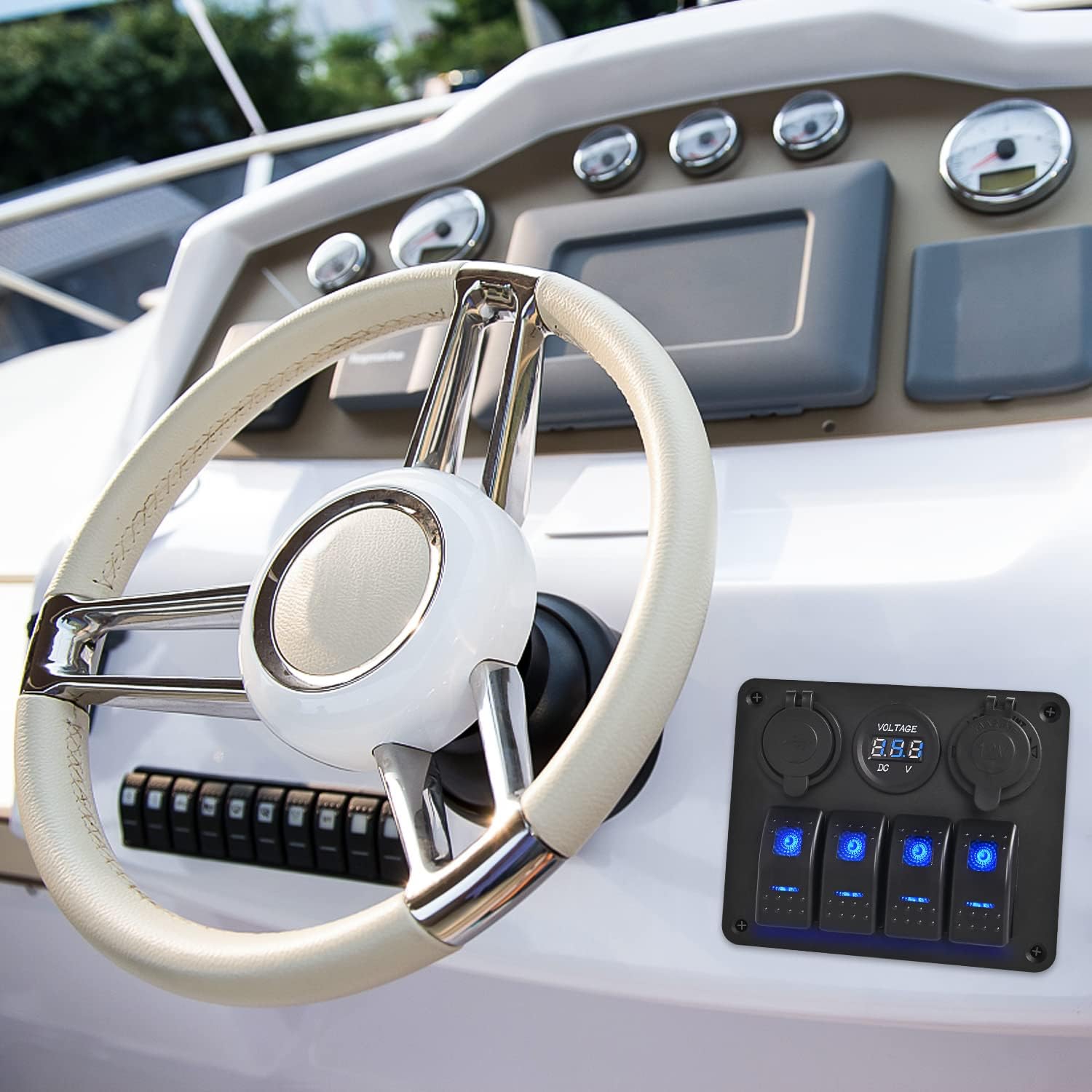 Waywe 4 Gang Rocker Switch Panel with USB Charger Voltmeter and Cigar Lighter 12V 24V Toggle Switch ON Off Rocker Switch Blue for Cars Rvs Trucks
