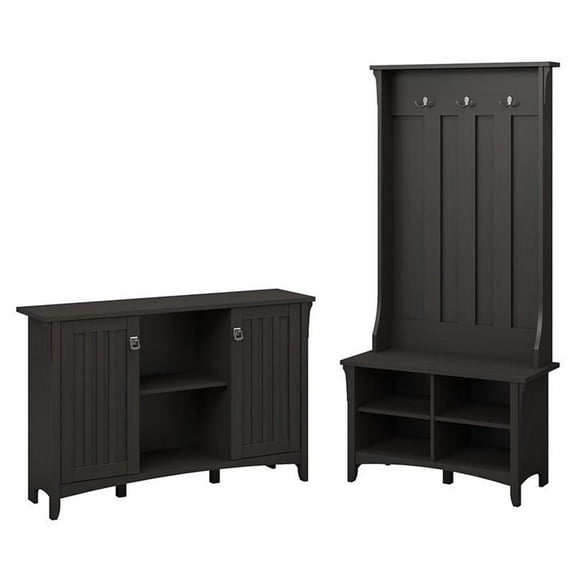 Pemberly Row Furniture Hall Tree with Shoe Bench and Accent Chest in Black