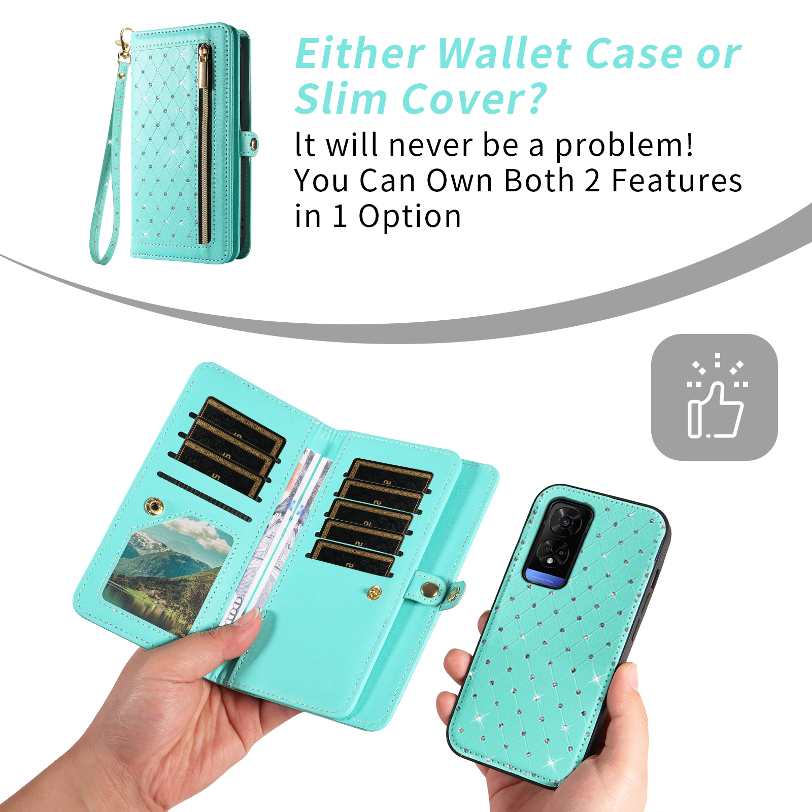 Asuwish Phone Case for TCL 50 5G/50 XE NXTPAPER/50 XE 5G Zipper Wallet Detachable Cell Cover with Tempered Glass Screen Protector Crossbody Lanyard Strap Glitter Flip Card Holder Slot Women Green