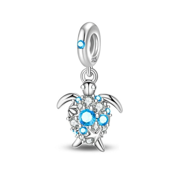 KUNSIR Sterling Silver Blue Turtle Charm Sea Life Dangle CZ For Women Bracelets
