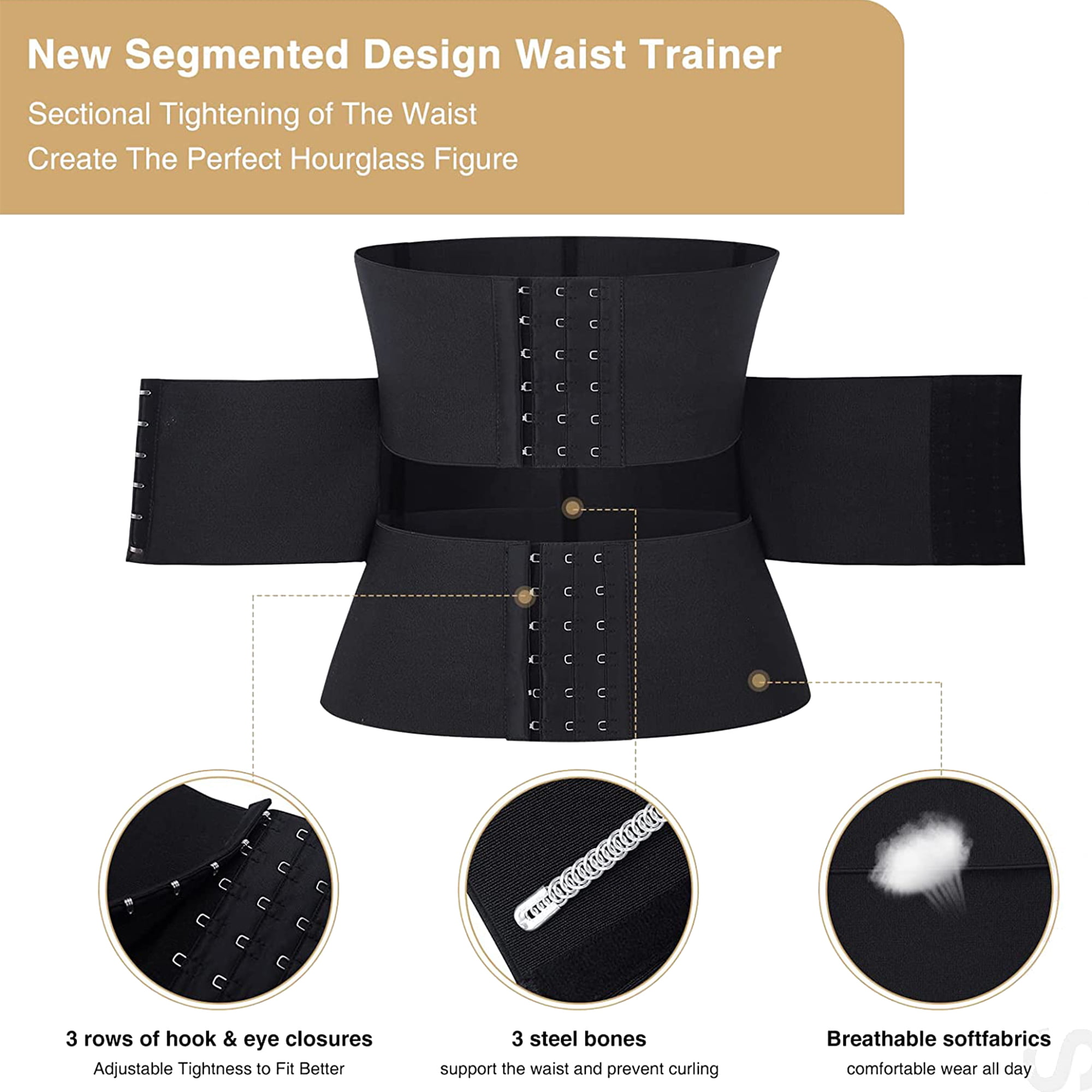 Elbourn Wonder Beauty Waist Trainer for Women Under Clothes Corsets Cincher  3 Segmented Belts Hourglass Body Shaper Girdle(M) 