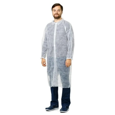Pack of 30 White Lab Coats 4X-Large Size. Unisex Disposable Polypropylene Labcoats. 3 Snaps, Collar, Elastic Wrists, No Pockets. Industrial Visitor Coats for General Use, Manufacturing, Cleaning
