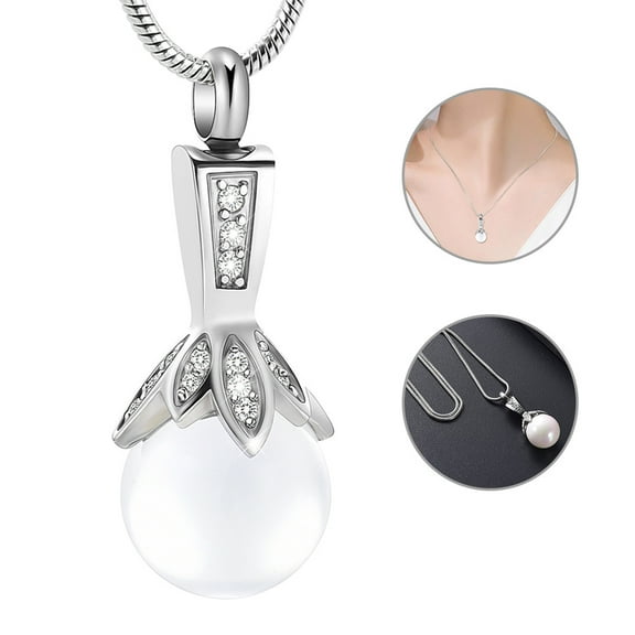 Pearl Urn Cremation Necklace, 316L Stainless Steel Pendant, Locket Holder Ashes for Pet Human, Keepsake Memorial Jewelry for Women - [Necklace, Snake Chain]