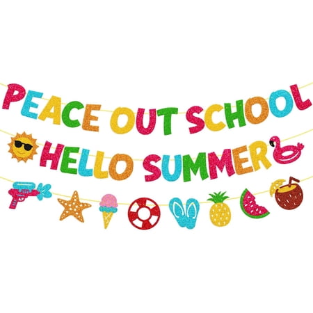 Peace Out School Hello Summer Banner (Multicolor Glitter with Summer Icons), End of School Year Party Supplies