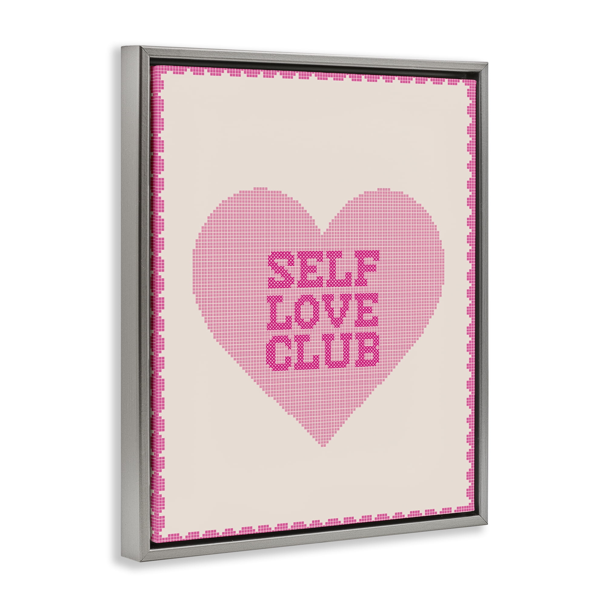 Stupell Industries Self Love Club Pixel Heart Gray Framed Floater Canvas Wall Art, design by Lil' Rue