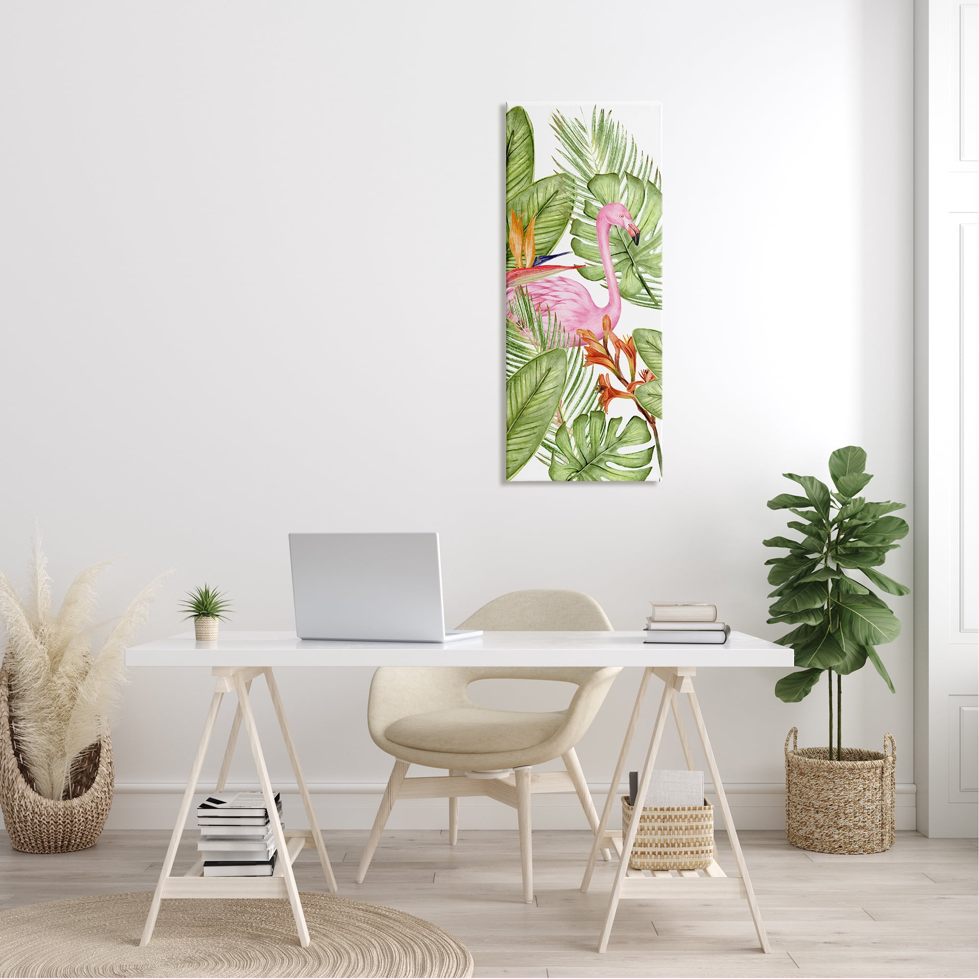 Stupell Industries Flamingo & Monstera Leaves Animals & Insects Painting Gallery Wrapped Canvas Print Wall Art, 17 x 40