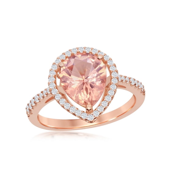 Sterling Silver Rose Gold Pear-Shaped Created Morganite and White Cubic Zirconia Bridal Ring