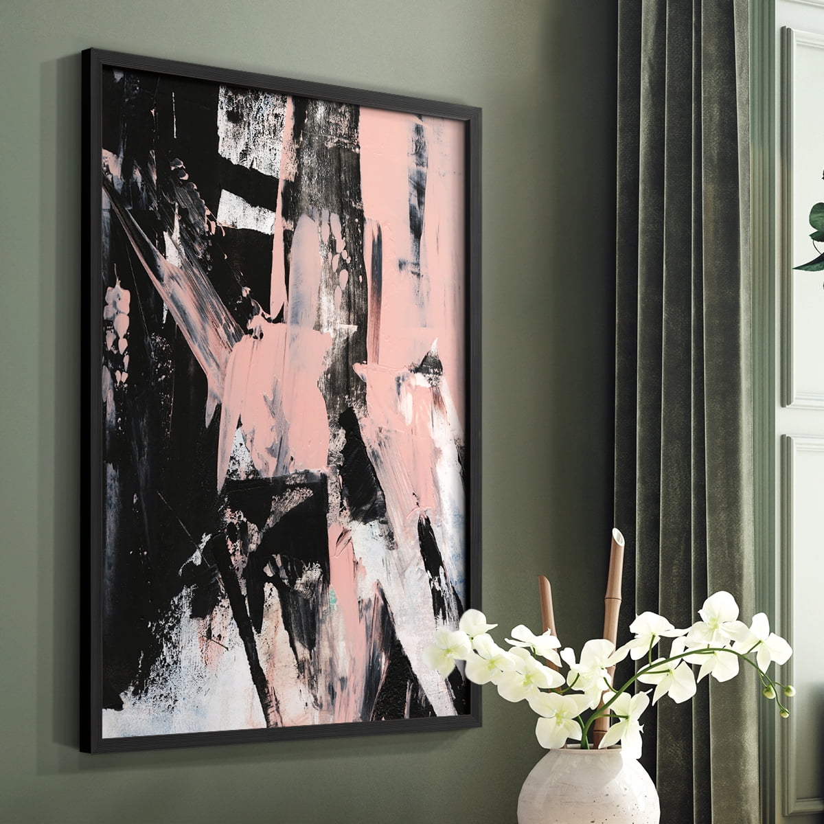 Black & Blush II Framed Print in Black Solid Wood Framed Print No Nail Hanging