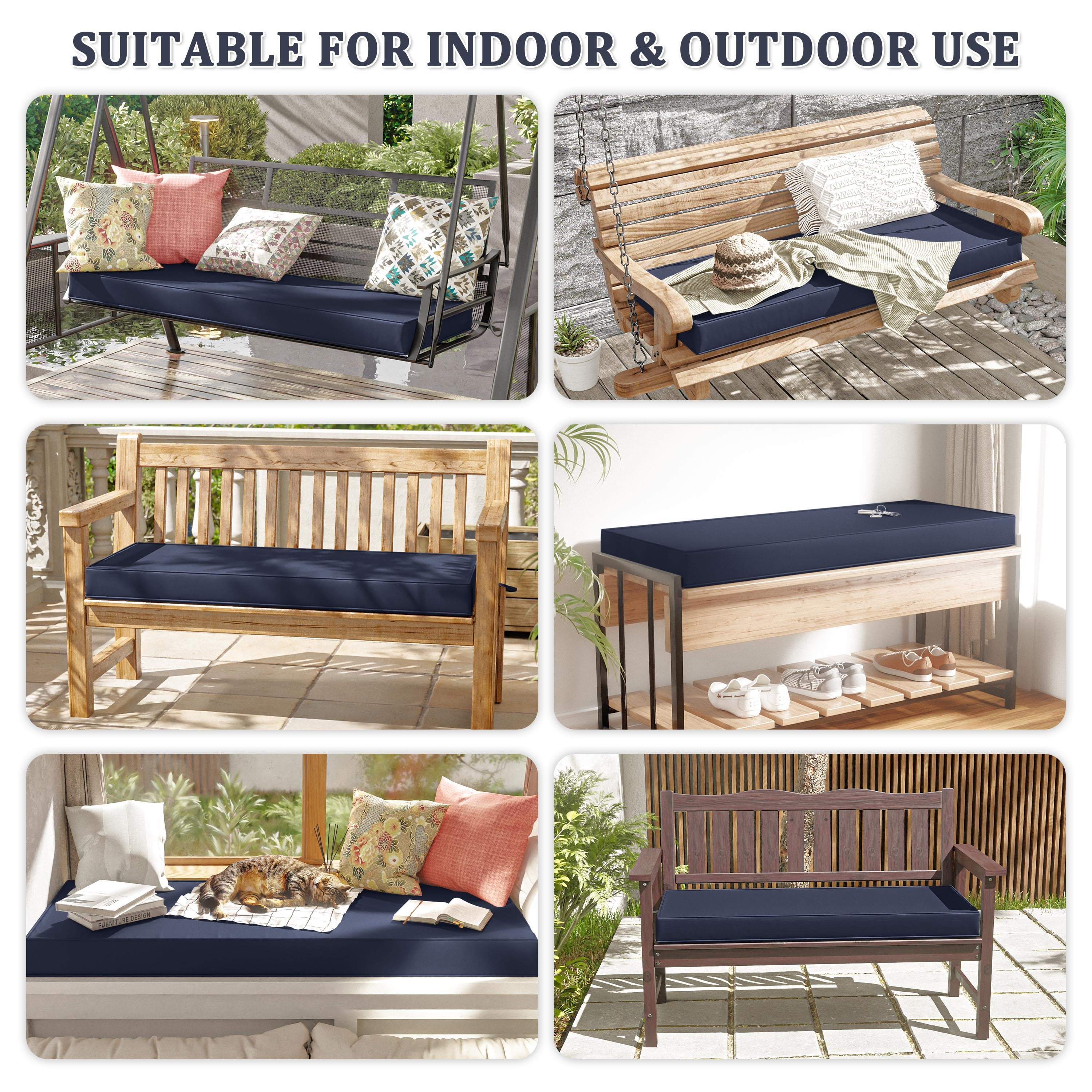 Kimunuk All-Weather 42" x 18" x 3.5" Outdoor Bench Cushion, Water-Repellent Swing Cushions with Handle, Navy Blue