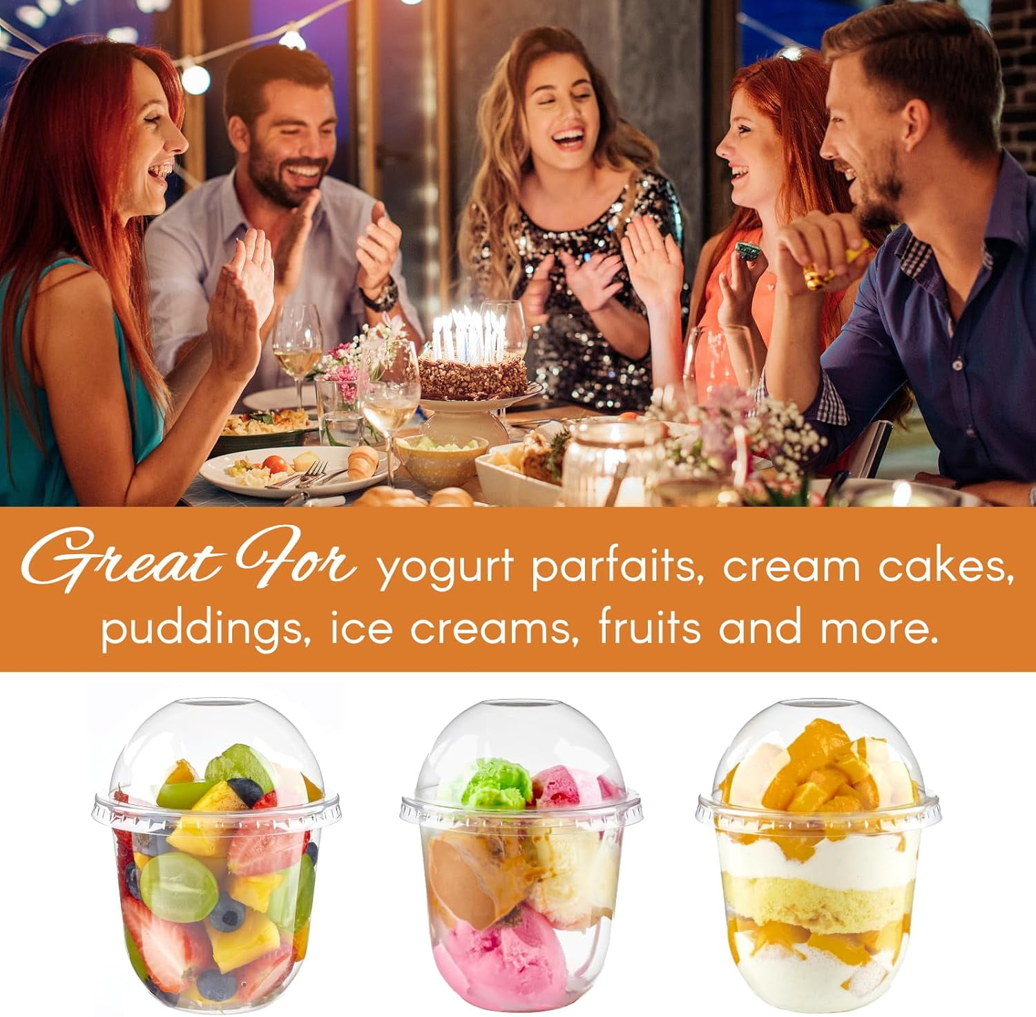 50 Coupelles Dessert 270 Ml Avec Couvercle Dôme & Fourchettes – Plastique PET Transparent Réutilisable