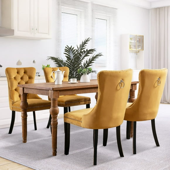 SoarFlash Velvet Dining Chairs Set of 4, Tall Back Side Chair, Modern Upholstered High-end Tufted Side Chair with Button Back Ring, Solid Wood Legs (Gold)