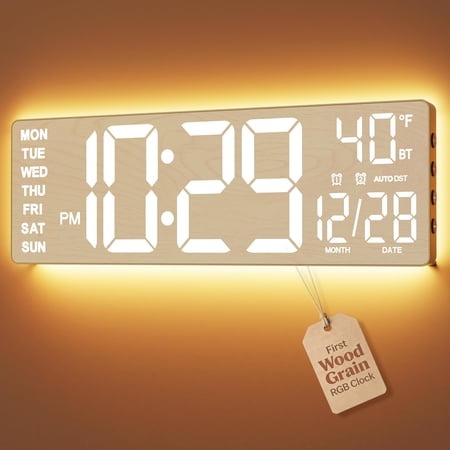 Beige Wood Grain Digital Wall Clock 16.5 Inch Large LED Display with RGB Lighting, Dual Alarms and Remote Control