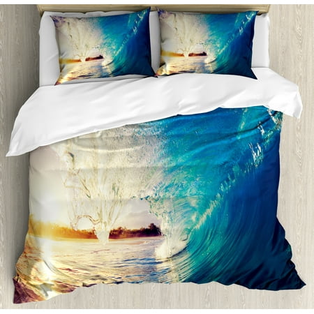 Coastal Life Bedding Ocean Duvet Cover Set, Sunrise on Waves Surfer Perspective Surreal Coastal Charm Sports Lifestyle Scene, Decorative Bedding Set with Pillow Shams, Blue Pale Mauve, by Ambesonne ()