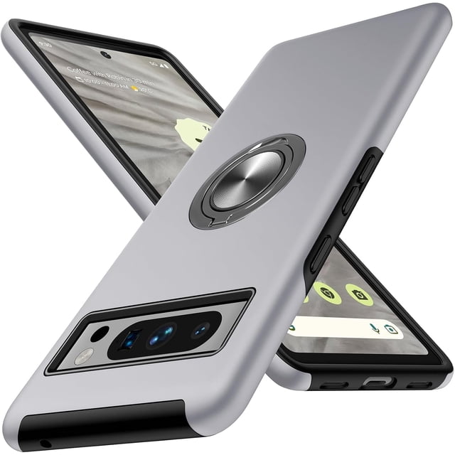 KOMI for Google Pixel 8 Pro Case, Slim Tough Rugged Shockproof Protective Pixel 8 Pro Phone Case with Metal Ring Kickstand for Google 8 Pro Case, Silver