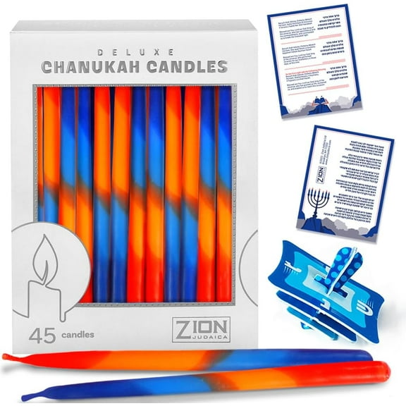 Zion Judaica Dripless Hanukkah Candles Set 45 Multi-Tone Blue & Orange Ombre Candles W/DIY Dreidel Prayer Card Fits Standard Menorahs Multi-Hued Celebration Candles Set for Chanukah Party Decoration