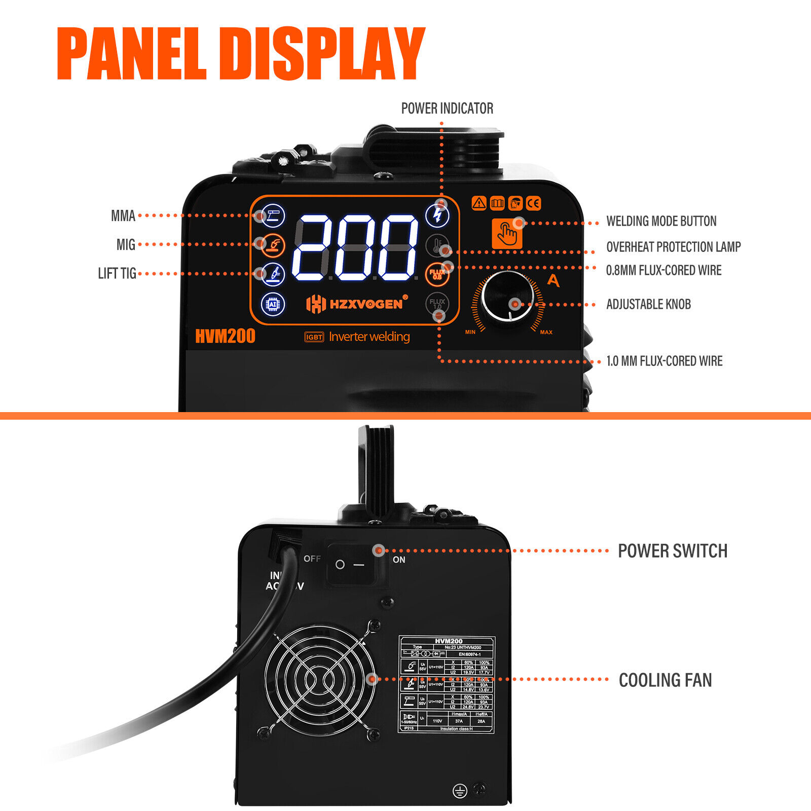 H HZXVOGEN 200A Gasless MIG Welder, 3-in-1 Flux Core/Lift TIG/MMA, 110V Portable IGBT Inverter with Digital Display, HVM200