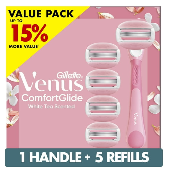 Venus ComfortGlide3 White Tea Razor for Women, 3 blades, Manual Razor, Handle and 5 Blade Refills, Pink